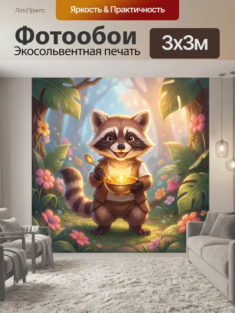 Фотообои Енот с золотой миской в лесу