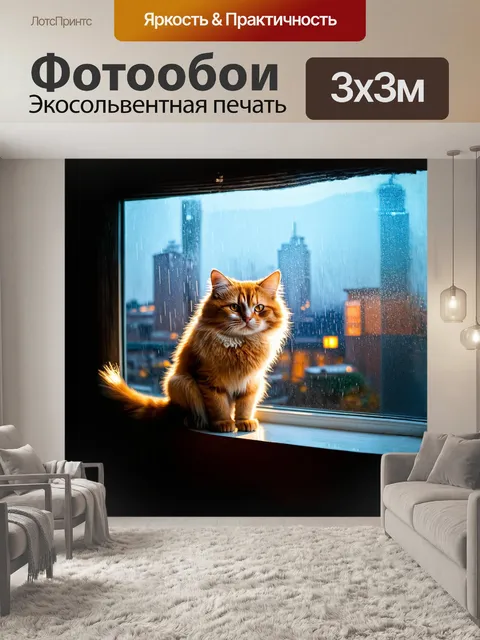 Фотообои пушистая кошка сидит на подоконнике