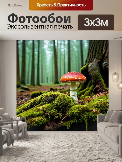 Фотообои мухомор на фоне древнего леса, где дерево обвито мхом