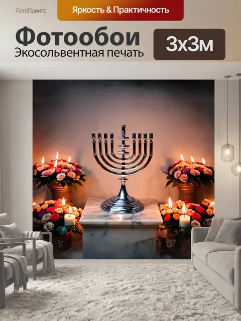 Фотообои менора, выполненная из полированного серебра, стоит на мраморном пьедестале, окруженная мягким светом…