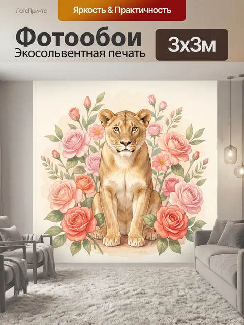 Фотообои Львица в цветочном обрамлении