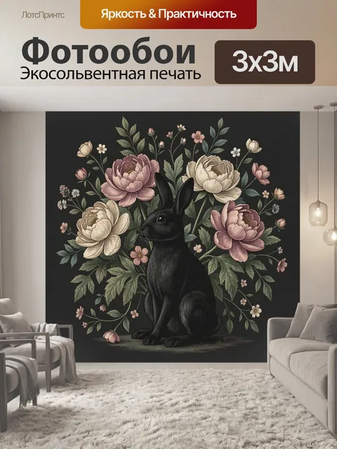 Фотообои Черный кролик среди пионов