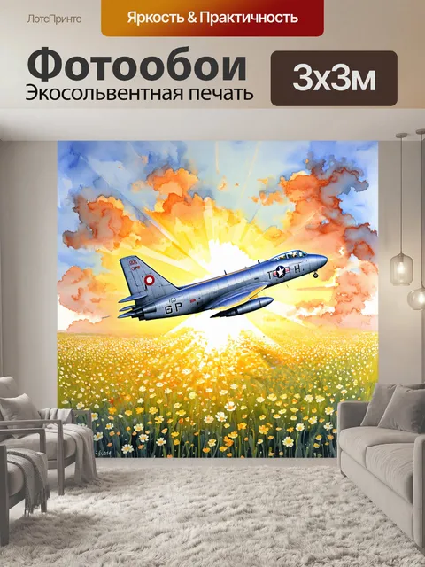 Фотообои восход солнца над полем, усыпанным цветами, освещает военный самолёт, который символизирует победу