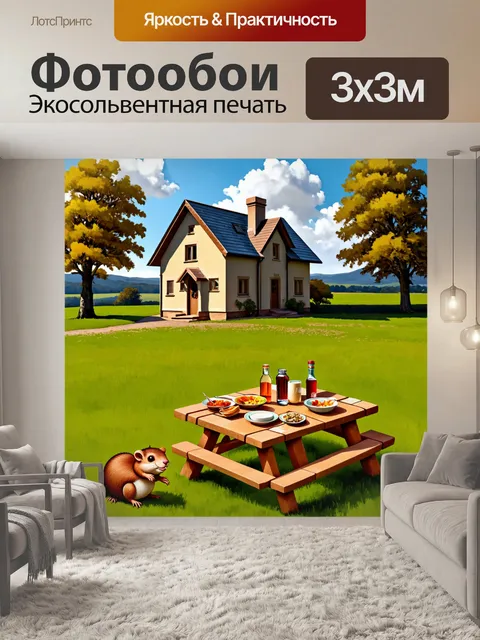 Фотообои загородный дом, окружённый зелеными полями, с пикниковым столом, на котором размещены различные блюда и…