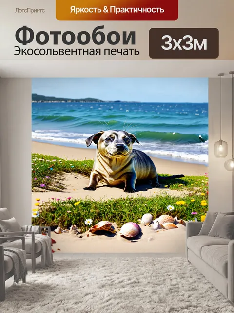 Фотообои на зеленом побережье собака-тюлень играет с морскими ракушками, её глаза полны игривого духа