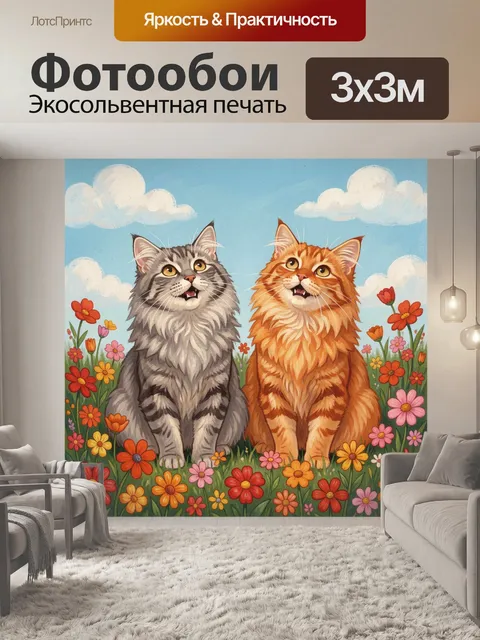 Фотообои Два пушистых кота в цветах