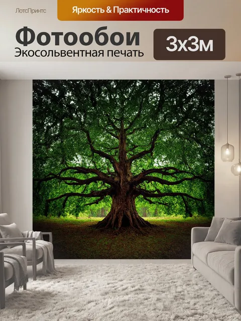 Фотообои в вечнозеленом лесу, где воздух пропитан свежестью, растет величественное дерево с причудливыми ветвями и…