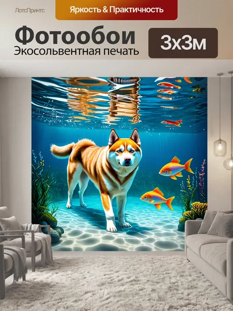 Фотообои подводный мир с райской лагуной, где гибрид акита-ину и хаски наблюдает за плавающими рыбами
