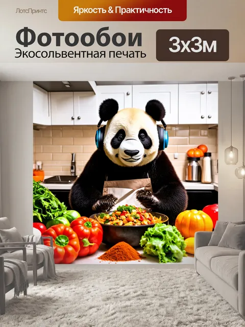 Фотообои панда в наушниках, готовящая свои любимые блюда на кухне, вокруг яркие овощи и ароматные специи