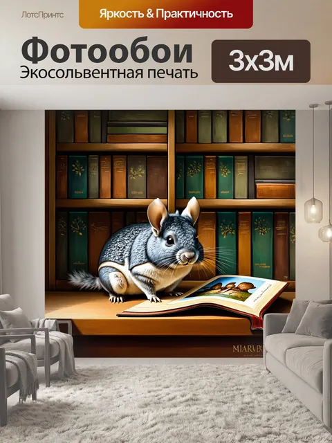 Фотообои шиншилла сидит на фоне старинной книжной полки