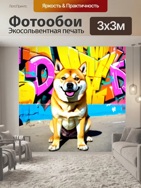 Фотообои на ярком городском фоне, сиба-ину позирует на фоне граффити, сияя своей улыбкой