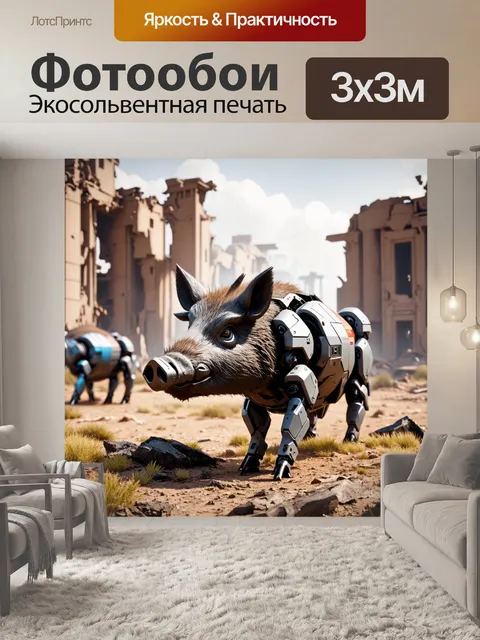 Фотообои животные в стиле киберпанк, механические кабаны на фоне разрушенного пейзажа
