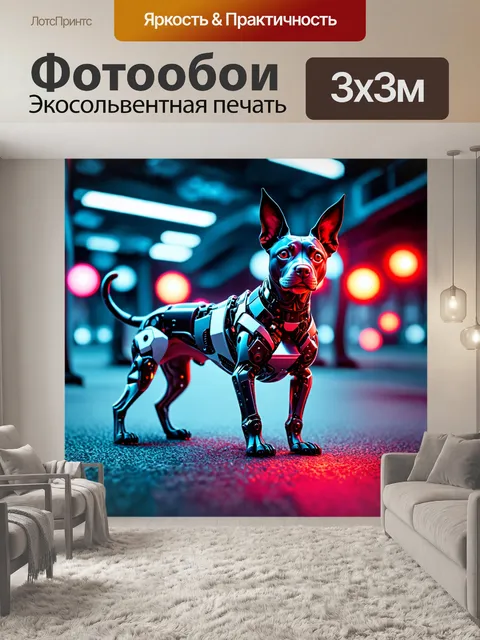Фотообои животные в стиле киберпанк, кибернетические собаки в механических парках с лазерными мячами