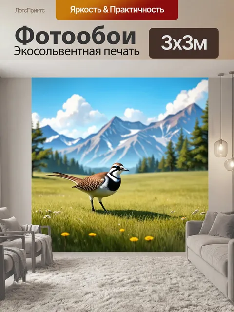 Фотообои птица, которая охотится за насекомыми в луге на фоне возвышающихся гор; стиль иллюстрации с высоким уровнем…