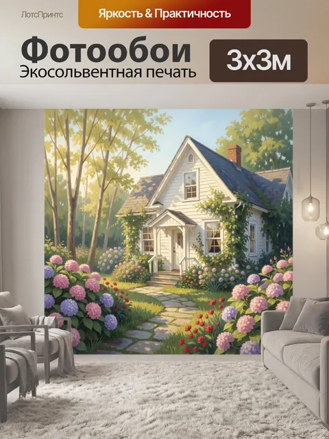 Фотообои Уютный домик в цветущем саду