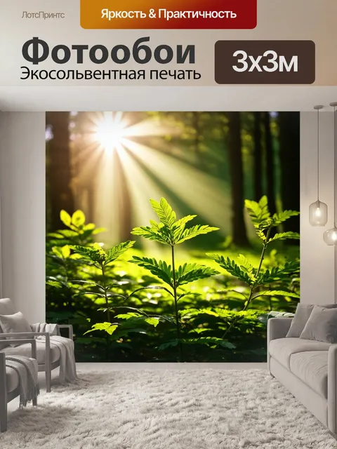 Фотообои природа и медицина, лекарственные растения на фоне леса, солнечные лучи пробиваются сквозь листву…