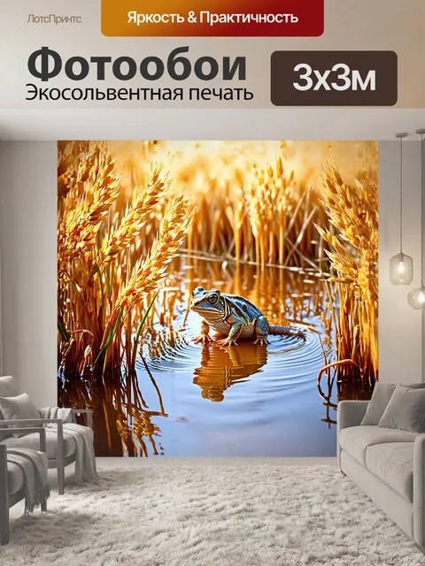 Фотообои жаба, сидящая на краю затопленного поля, окруженного золотыми стеблями риса