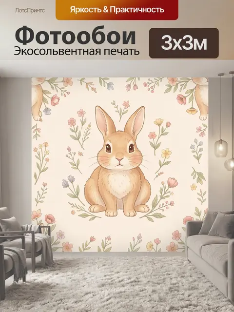 Фотообои Зайчик среди весенних цветов