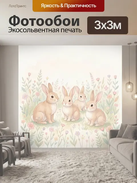 Фотообои Четыре зайчика среди цветов