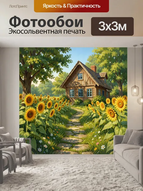 Фотообои Деревянный дом среди подсолнухов