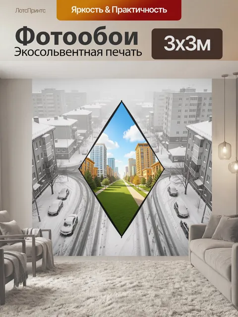 Фотообои Зимний город и летний квартал