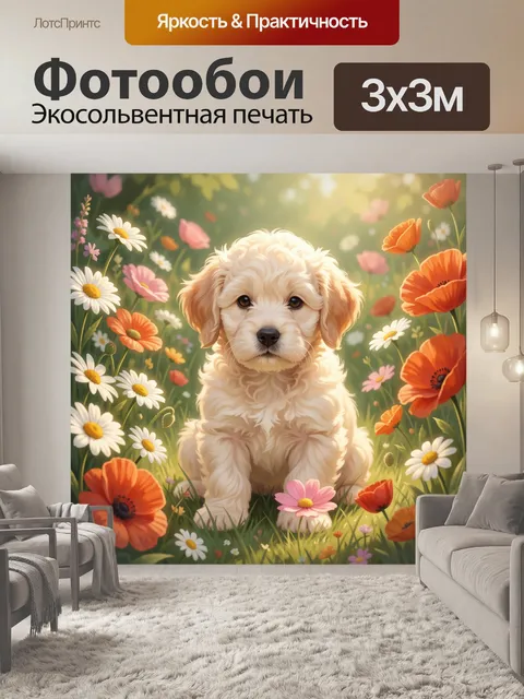 Фотообои Щенок среди полевых цветов