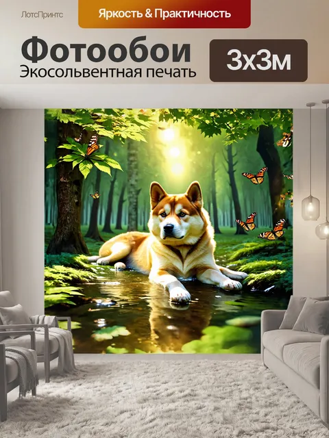 Фотообои в глубине леса, утопающего в зелени, лежит спокойный акита-ину, его шерсть переливается солнечными брызгами…