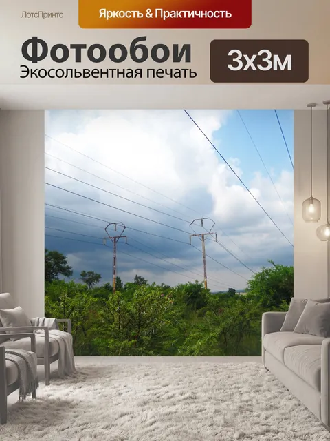 Фотообои электрические кабели над зелеными кустам