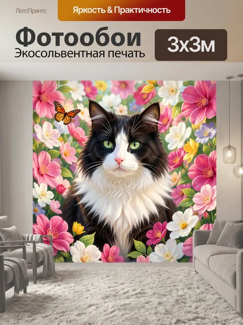 Фотообои Черно-белый кот среди цветов
