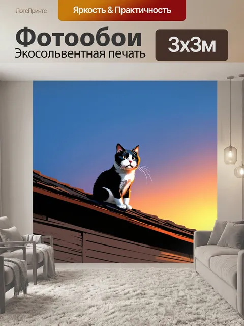 Фотообои черно-белая кошка сидит на крыше старого дома, глядя на закат