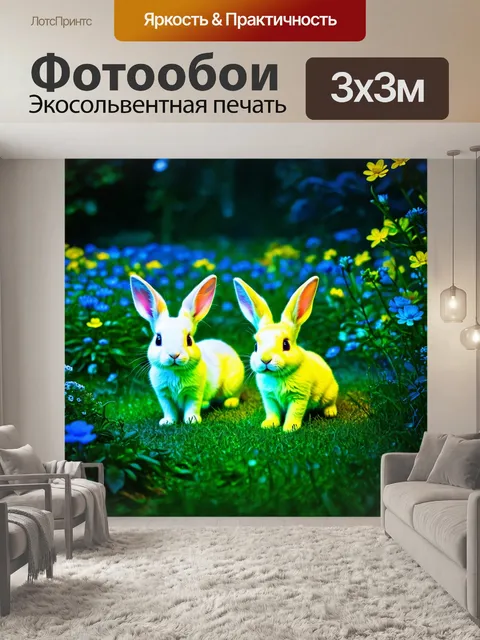 Фотообои животные в стиле неоновый, забавные зайцы, резвящиеся в сияющем диком саду