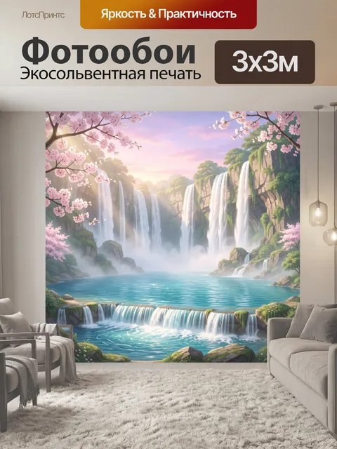 Фотообои Сказочный водопад среди цветущих сакур