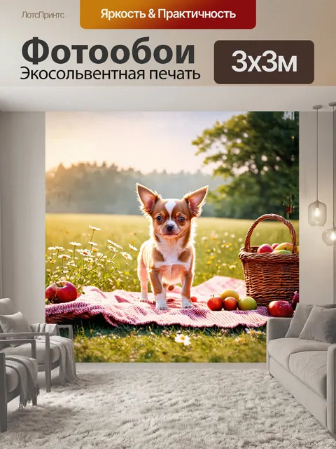 Фотообои на фоне сказочного пейзажа, окутанного легким туманом, щенок чихуахуа стоит на пикнике среди диких цветов