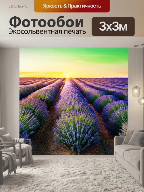 Фотообои япония, чудесный вечерний закат над бескрайними полями лавандики с зеленым небом