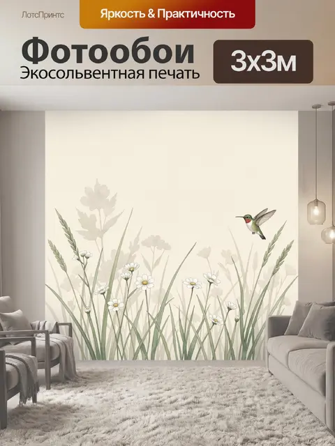 Фотообои Колибри над полевыми ромашками