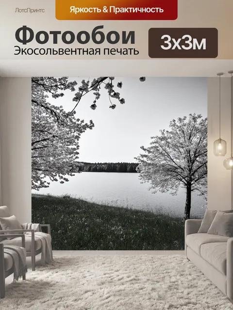 Фотообои озеро в черно-белом стиле, весенний день, цветущие деревья и луг вокруг