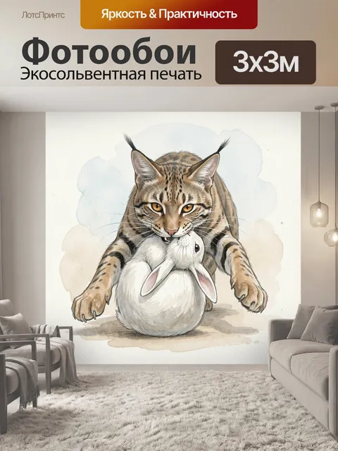Фотообои Рысь с белым кроликом