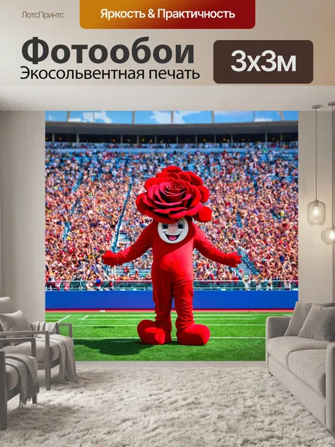 Фотообои розы в стиле маскот, с веселыми розами, участвующими в спортивных соревнованиях, фон — стадион и cheering…