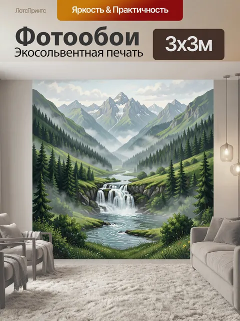 Фотообои Горная река и водопад в долине