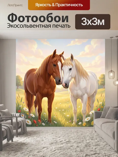 Фотообои Две лошади в цветочном поле