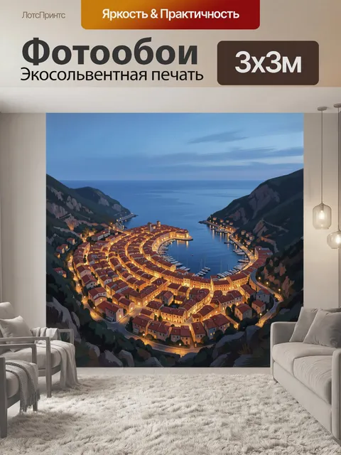 Фотообои Ночной приморский город в бухте
