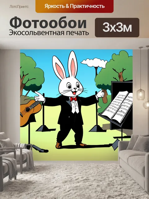 Фотообои непоседливый весёлый кролик-дирижер