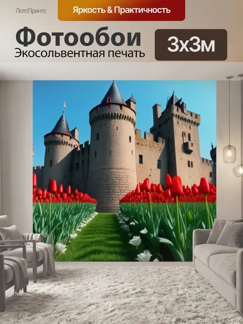 Фотообои тюльпаны на фоне старинного замка