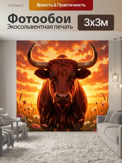 Фотообои Бык на закатном лугу