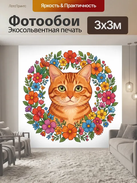 Фотообои Рыжий кот в венке из цветов