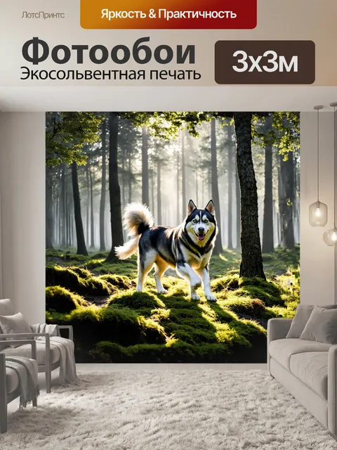 Фотообои на фоне древнего леса, окутанного утренним туманом, хаски грациозно бродит по мху, его хвост радостно виляя