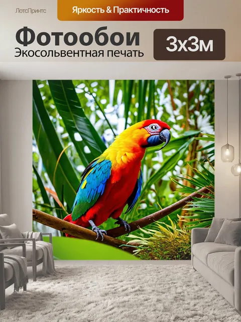 Фотообои животные в стиле романтизм, экзотические птицы в тропическом лесу, яркие цветные перья и тропические растения
