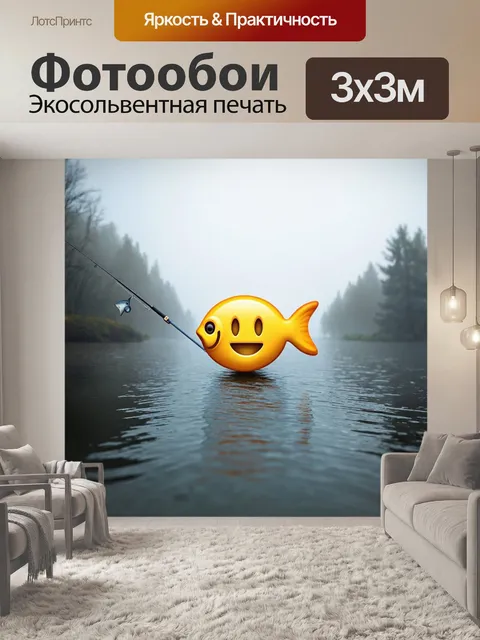 Фотообои туман в стиле эмодзи, утренний рыбалка, эмодзи рыбы, туман над водой