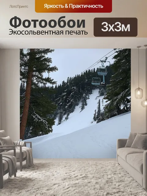 Фотообои лесистый склон горы, где слышен шипящий звук снега под сноубордистом, спускающимся по склону
