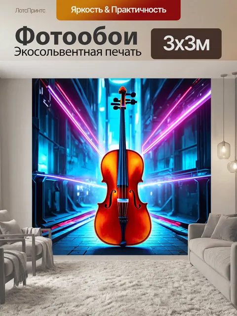 Фотообои виолончель, окружаемая светоносными эффектами в стиле киберпанк, струны излучают неоновый свет
